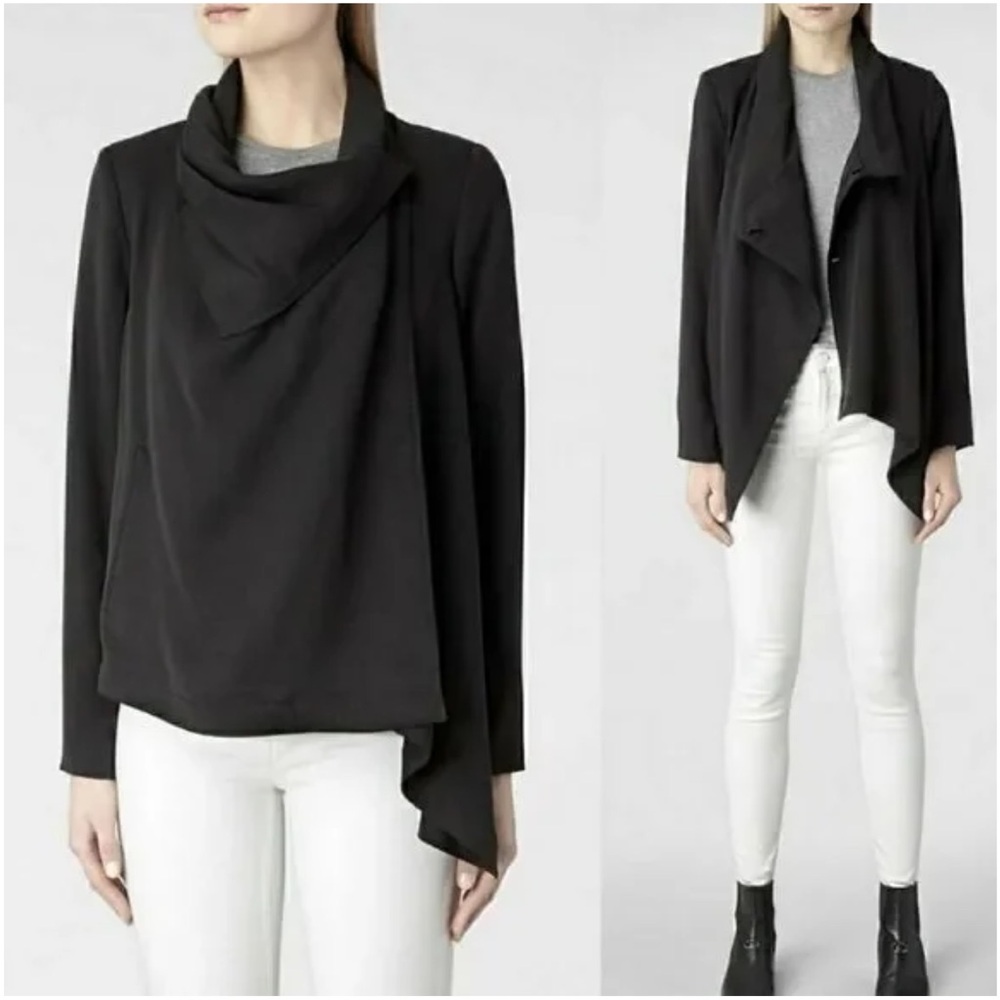 ALL SAINTS Black Bayle Monument Draped Coat Jacket Size 8